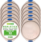 NutriChef 13-Inch Non-Stick Pizza Tray with Silicone Handle - Perforated Carbon Steel, Dishwasher Safe, PFOA Free - Champagne Gold - 12 Pack