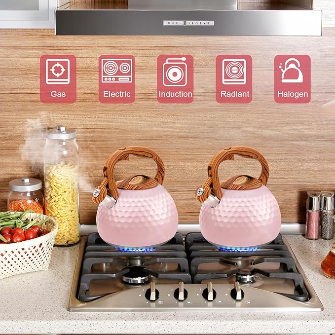GGC Tea Kettle for Stove Top, Loud Whistling Kettle for Boiling Water Coffee or Milk, 3.1 Quart 3L Heavy Stainless Steel Pink Kettles with Wood Pattern Handle, Unique Button Control Kettle Outle