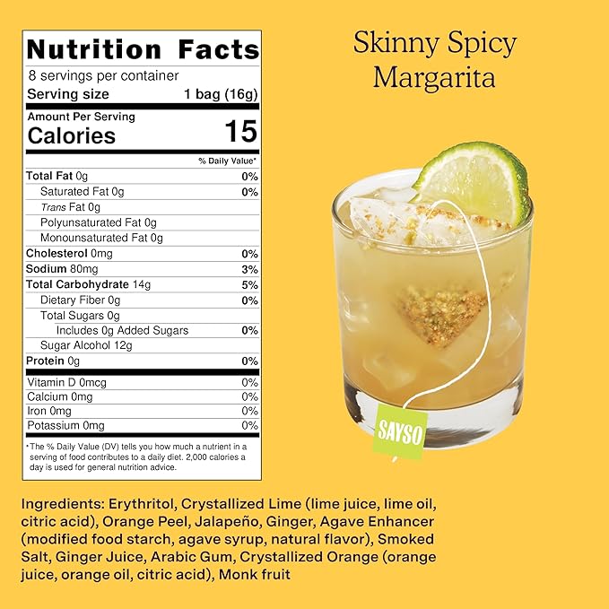 SAYSO Skinny Spicy Margarita Original Cocktail Tea Bag | Cocktail or Mocktail in Under 1 Min, Without Hot Water, <1G Sugar, 20 Calories, Non-GMO, Gluten-free, Kosher & Vegan Mixer, 8 count