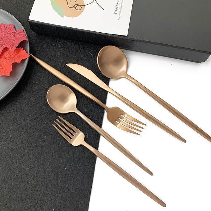 JASHII 18/10 Rose Gold Flatware Set - 304 Stainless Steel, Copper Cutlery - 6-Piece Adaline Royal Modern Satin Finish for Birthday, Wedding (Rose Gold Matte)