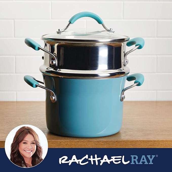 Rachael Ray Cucina Hard Porcelain Enamel Nonstick Multi-Pot / Steamer Set, 3-Quart, Agave Blue - 16799