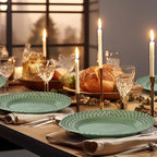 Graceful Basketweave Wide Rim 12 inch Dinner Plates, Extra Large Round Platter Scallop Serving Tray Set of 4, for Restaurant, Kitchen, Party, Home, Wedding, Gift, Microwave Dishwasher Safe, Sage Green