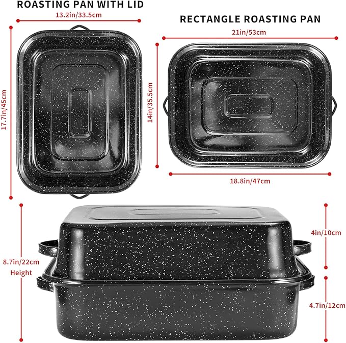 Roasting Pan with Rack, 21” Rectangular Granite Roaster Pan, 25lb Capacity, Large Roaster Pot for Baking Turkey with Versatile Lid