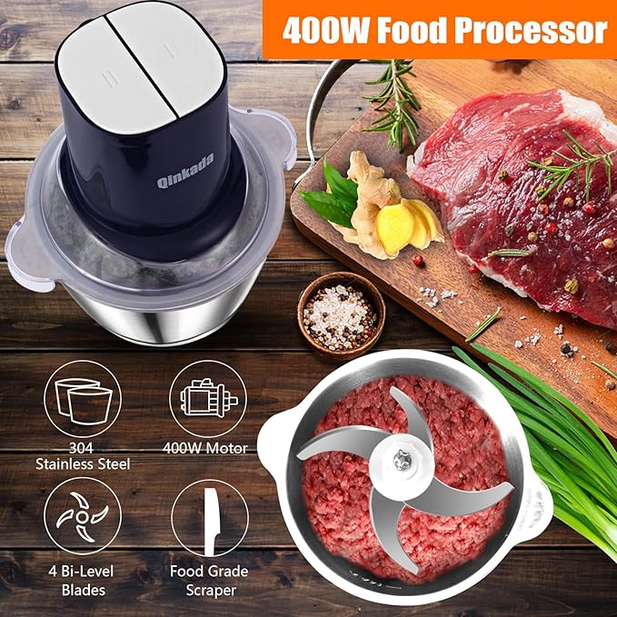 Food Processors with 2 Bowls, 400 W Meat Grinder, Food Chopper Electric, 2 Speed, 2 Pcs 8 Cup 304 Stainless Steel Bowls, 2 Blade and Spatula (Blue 2)