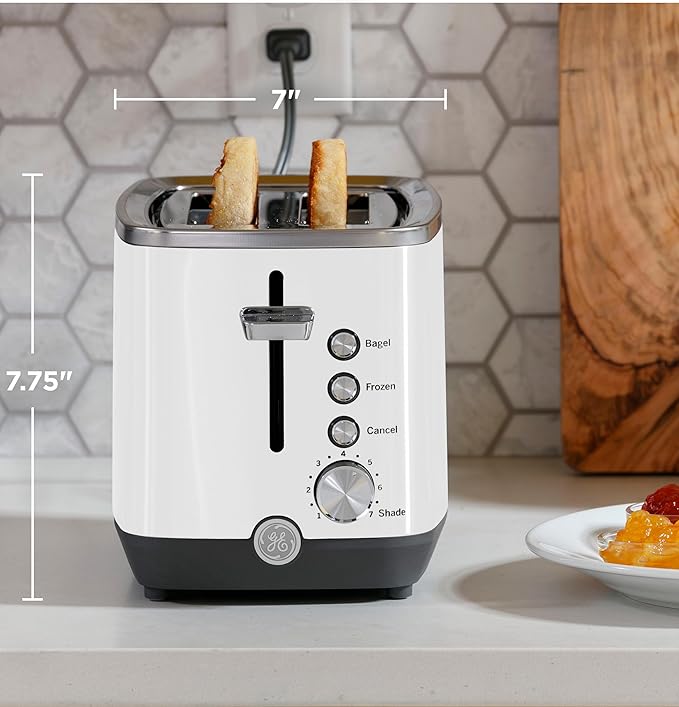 GE 2 Slice Toaster, Extra Wide Slots for Toasting Bagels, Breads, Waffles & More, 7 Adjustable Shade Settings, Removable Crumb Tray, Countertop Kitchen Essentials, 850 Watts, White