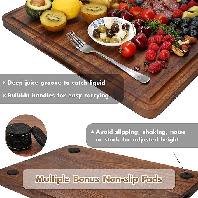 AZRHOM XL Large Walnut Wood Cutting Board for Kitchen 20x15 (Gift Box) with Juice Groove Handles Non-slip Mats Thick Reversible Butcher Block Chopping Board