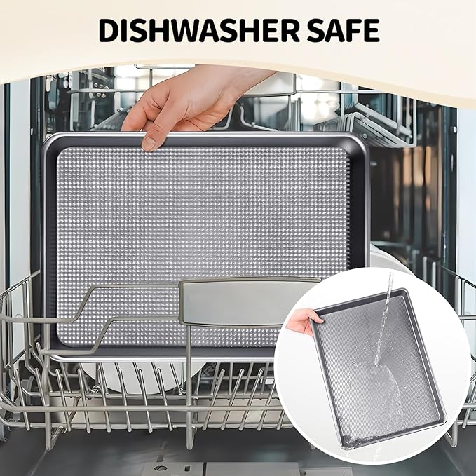 Vinino Baking Sheet Set of 3, Cookie Sheets For Baking with Square Texture Pattern, Thicker Carbon Steel Non-stick Baking Pan Half/Quarter/Jelly Roll Pans Tray for Oven-Grey