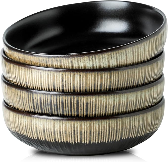 KOOV Ceramic Bowl, 46 OZ Pasta Bowls Set of 4, Large Salad Bowl Set, Large Bowl For Eating, Dinner Bowls, Stackable Serving Bowls, Stripe Series (Rough Black)