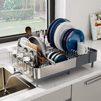 SUNLY Expandable Dish Drying Rack, Versatile Brackets for Pots & Pans, Space Saving Kitchen Drying Rack, Dish Racks for Kitchen Counter, Stainless Steel Dish Drainers with Extendable Spout, Gray