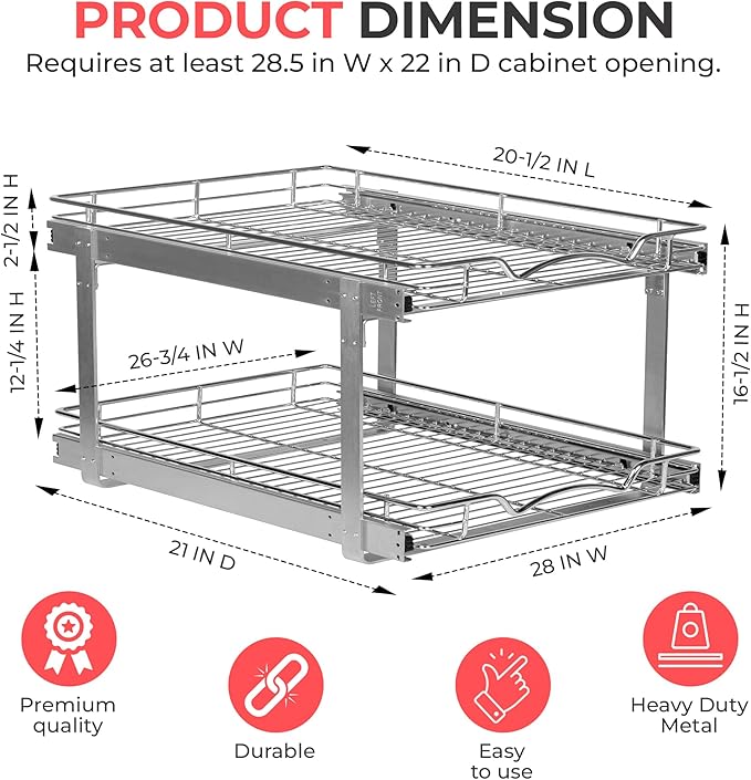 HOLDN’ STORAGE Two Tier Pull Out Cabinet Organizer, Individual Sliding Drawers - Heavy Duty Metal with Lifetime Limited Warranty - Anti Rust Chrome Finish - 28.5" W x 21”D x 16.5" H