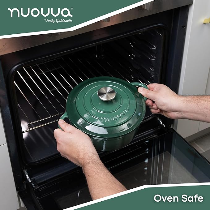 Cast Iron Dutch Oven with Lid – Non-Stick Ovenproof Enamelled Casserole Pot – Sturdy Dutch Oven Cookware – Dark Green, 5-Quart, 24cm – by Nuovva