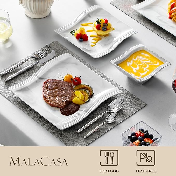 MALACASA Plates and Bowls Sets, 12 Pieces Modern Porcelain Dinnerware Sets for 4, Marble Dishware Set Kitchen Dining Ware Set, Square Ceramic Dish Set, Microwave and Dishwasher Safe, Series Flora