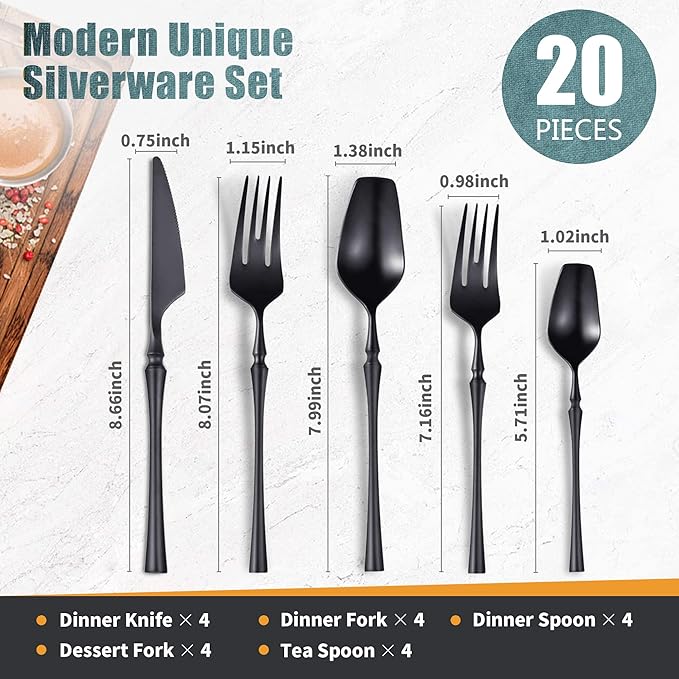 Lemeya 20-Piece Matte Black Silverware Set for 4,Modern 18/10 Stainless Steel Flatware Set,Unique Rustic Cutlery Utensils Set,Spoon and Fork Set for Home, Restaurant,Mirror Polished,Dishwasher Safe