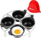 Modern Innovations Stainless Steel 4-Cup Egg Poacher Tray - Complimentary Silicone Mitt - Egg Poacher Insert for Poaching Eggs & Eggs Benedict - Poached Egg Maker Compatible with Most Pans