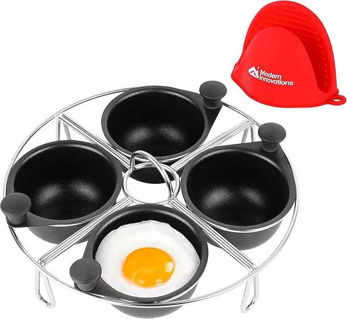 Modern Innovations Stainless Steel 4-Cup Egg Poacher Tray - Complimentary Silicone Mitt - Egg Poacher Insert for Poaching Eggs & Eggs Benedict - Poached Egg Maker Compatible with Most Pans
