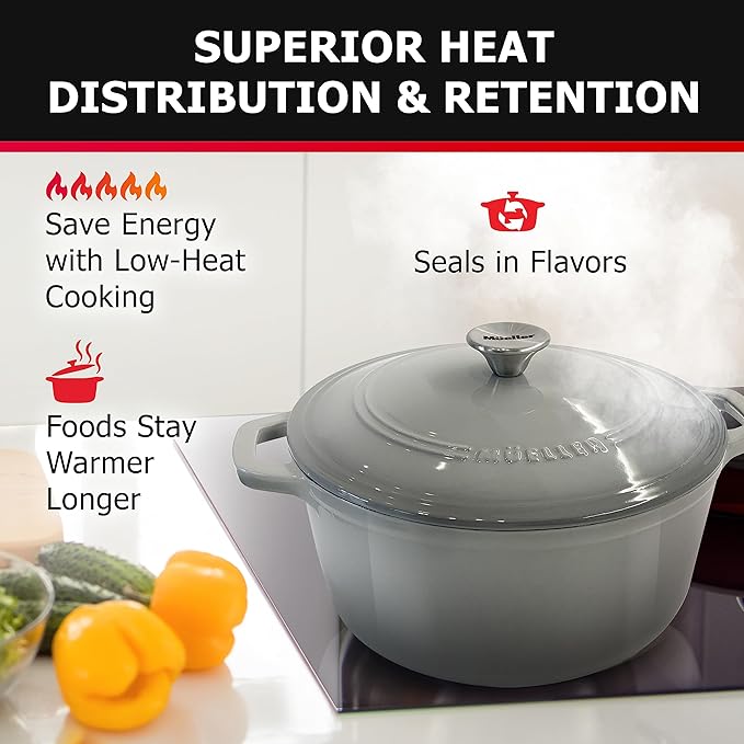 Mueller 6 Quart Enameled Cast Iron Dutch Oven, Heavy-Duty Casserole and Braiser Pan with Lid and Knob, Safe for All Cooktops