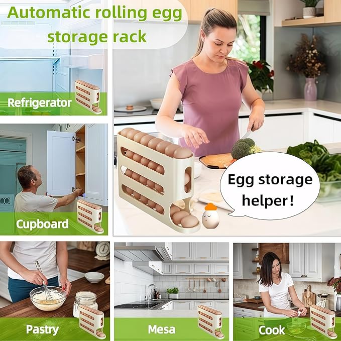 Egg Holder for Fridge, Egg container for refrigerator, Space-Saving Automatic Rolling Eggs Dispenser, 4 Tiers Fridge Egg Rack for Refrigerator Holds up to 30 pcs