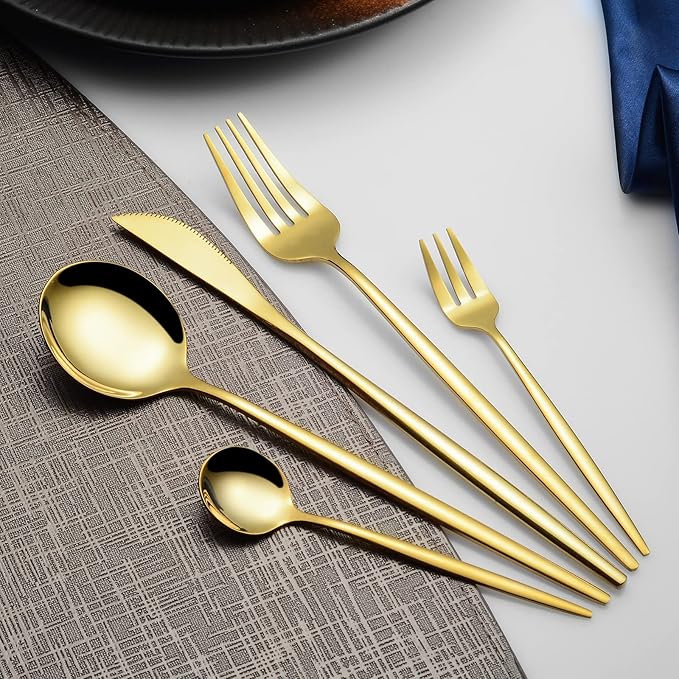 Mirror Gold Silverware Set 20-Piece, Stainless Steel Flatware Service for 4, LaienLife Unique Utensils Set with Long Fork and Spoon Teaspoon, Mirror Gold Flatware Set, Cutlery for Home Party Kitchen