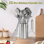 Stainless Steel Kitchen Utensils Set - 12pcs Cooking Utensils Set with Holder, Heat Resistant Kitchen Tool Set for Cooking with Turners, Potato Masher, Spatula, Spoons, Tongs, Whisk