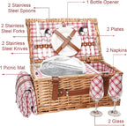 Wicker Picnic Basket Set for 2 Persons with Waterproof Picnic Blanket and Large Insulated Cooler Compartment, Willow Picnic Hamper Basket with Cutlery Service Kits for Camping, Wedding (Red)