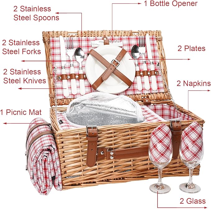 Wicker Picnic Basket Set for 2 Persons with Waterproof Picnic Blanket and Large Insulated Cooler Compartment, Willow Picnic Hamper Basket with Cutlery Service Kits for Camping, Wedding (Red)