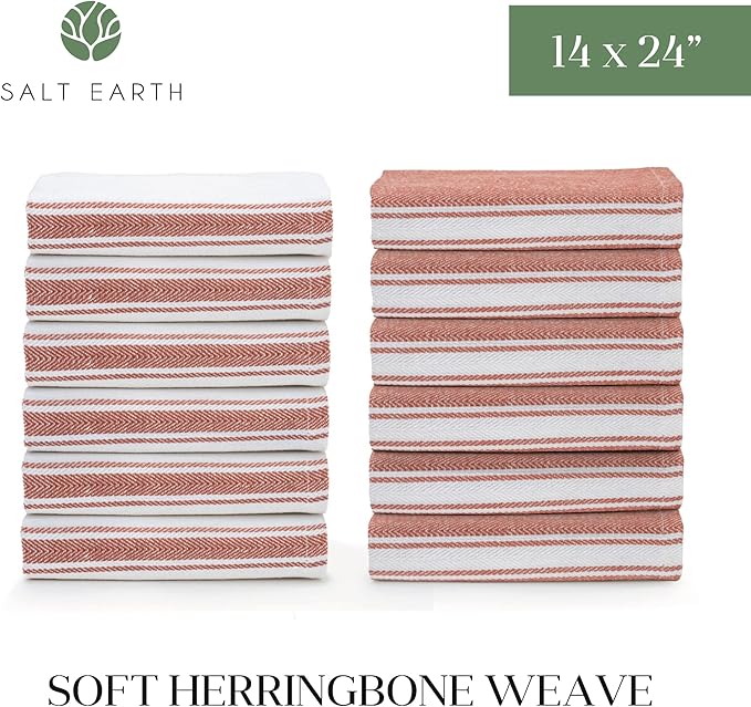Salt Earth Kitchen Towels Cotton Dish Towel Size 24x14 Inches Set of 12 100% Ring Spun Cotton Absorbent Quick Dry Herringbone Weave Lint Free Washable Dishcloth Hanging Loop Color White & Red Stripe