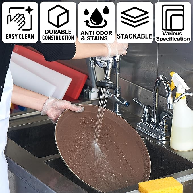 CURTA 2-Pack Restaurant Grade Non-Slip Tray, NSF, Oval 22-Inch x 27-Inch, Plastic Rubber Lined Round Serving Tray, Brown