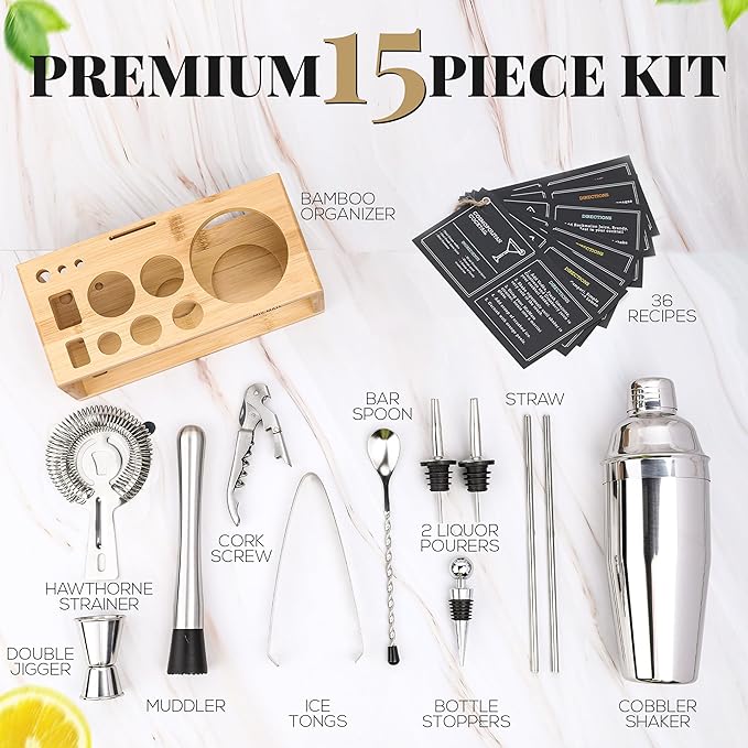 Mixology Bartender Kit with Stand - 15 Piece Bar Tool Set, Silver Bar Set Cocktail Shaker Set for Drink Mixing - Includes Martini Shaker, Jigger, Strainer, Bar Mixer Spoon, Tongs | Gift Idea (Natural)