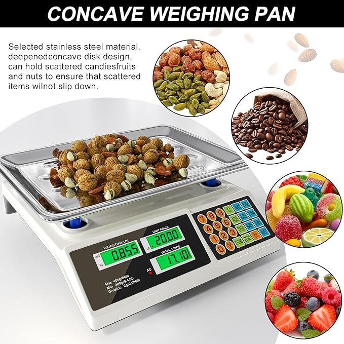 Price Computing Scale 88lb/40kg LCD Digital Commercial Price Scale with Stainless Steel Platform,Produce Scale & Food Scale for Farmers Market, Retail Outlets, Meat Shop (Tray)