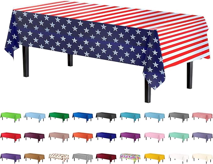 Exquisite Party Solids 12-Pack Premium Rectangle American Flag Design Plastic Tablecloth - USA Stars and Stripes Tablecloth Disposable Plastic Table Cover for July 4th - 54 inch. x 108 inch.