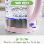 GreenLife 1.7 Liter Glass Electric Kettle, Easy One Touch Use, Quick Heating, Filtered Spout, LED Base, Auto Shut-Off, Cordless Serving, Coffee and Tea, Pink
