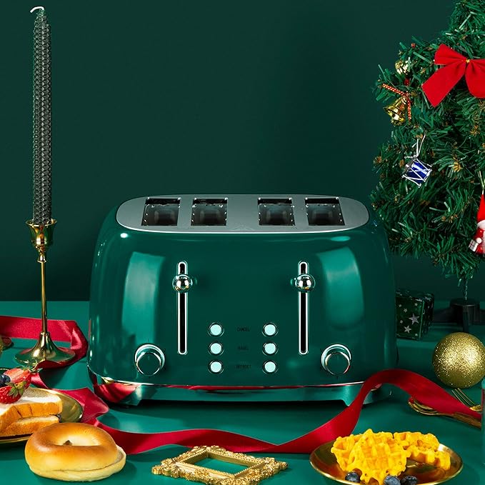Roter Mond 4 Slice Toaster Retro Stainless Steel with Bagel Defrost Cancel Function, 6 Browning Settings, Extre Wide Slot and Removable Crumb Tray, Green, ST033