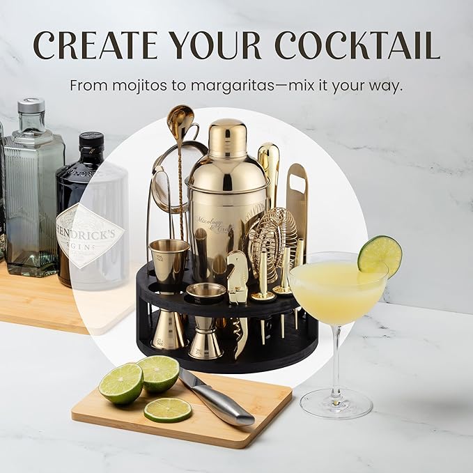Mixology & Craft Bartender Kit – 15-Piece Cocktail Shaker Set with Bar Tools, Premium Stainless Steel Drink Mixer Accessories for Home Bar, Includes Bamboo Stand, Plus Exclusive Recipe Cards (Gold)