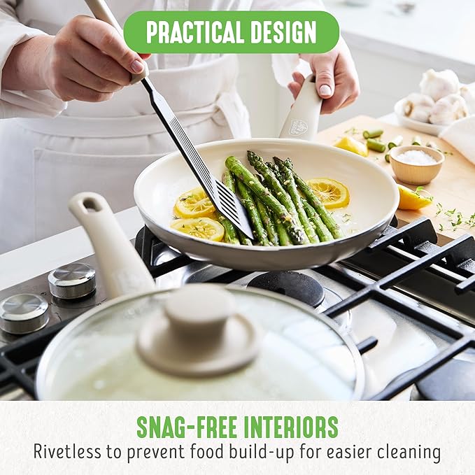 GreenLife 16 Piece Nonstick Cookware Set, Soft Grip Non-Toxic PFAS-Free Ceramic Pots & Pans, Dishwasher & Oven Safe, Frying, Sauce, Saute, Utensils, Glass Lids, Stay-Cool Handles, Wobble Free, Taupe