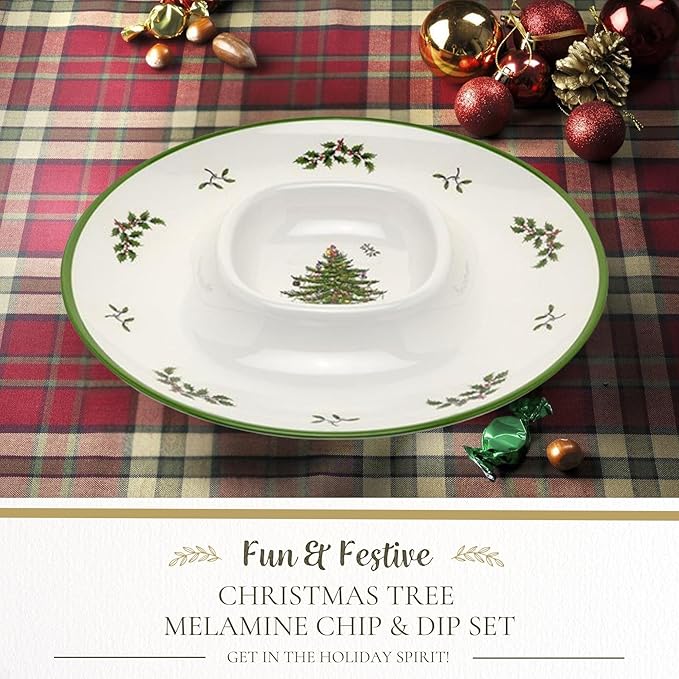 Spode Christmas Tree Melamine Chip and Dip - 14-Inch Serving Platter for Cheese, Appetizers, Chips, Salsa - Durable, Shatterproof, Dishwasher Safe - Ideal for Indoor & Outdoor Holiday Entertaining