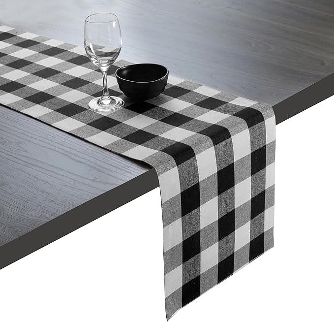 Native Fab Table Runner Buffalo Check Plaid 100% Cotton - 13x90 Inches Kitchen Dining Table Decoration for Indoor Outdoor Farmhouse Home Party Decor - Black and White