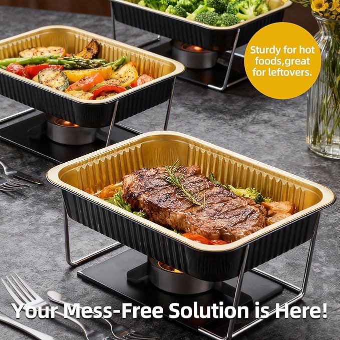 Aluminum Foil Pan with Lids,Heavy Duty Disposable Aluminum Baking Pans,14.57"×10.63" Steam Table Pan for Cooking,Heating, Storing,Prepping Roasting and Chafing(15 Pack Black and Gold w/Lids)