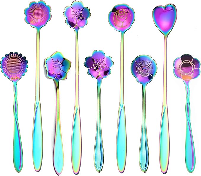 9 Pcs Flower Spoon Coffee Teaspoon Set, ESRISE Stainless Steel Tea Spoon for Tea Party Decorations (Multi)