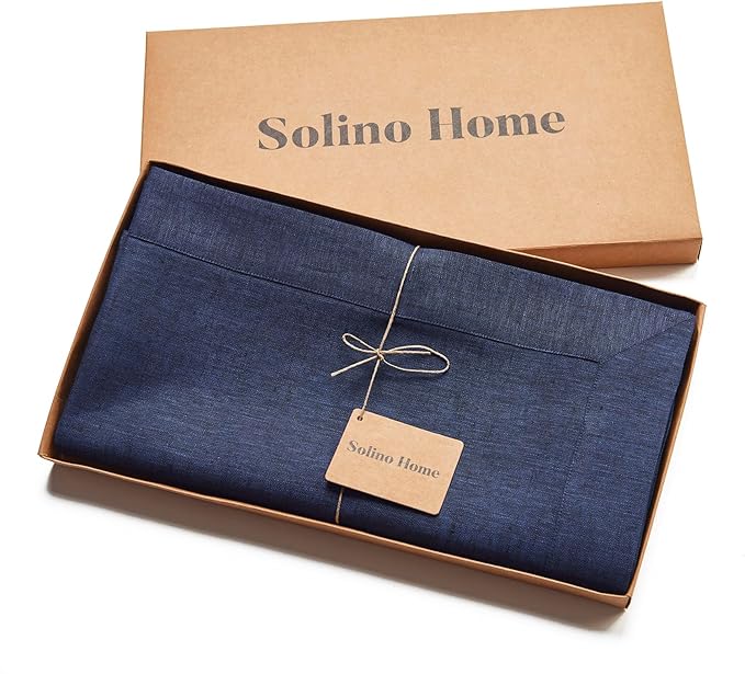 Solino Home Linen Tablecloth 60 x 120 Inch - 100% Pure Linen Chambray Navy Table Cloth for Rectangular Tables - Athena, Machine Washable Cloth Tablecloth for Summer, Fall, Autumn