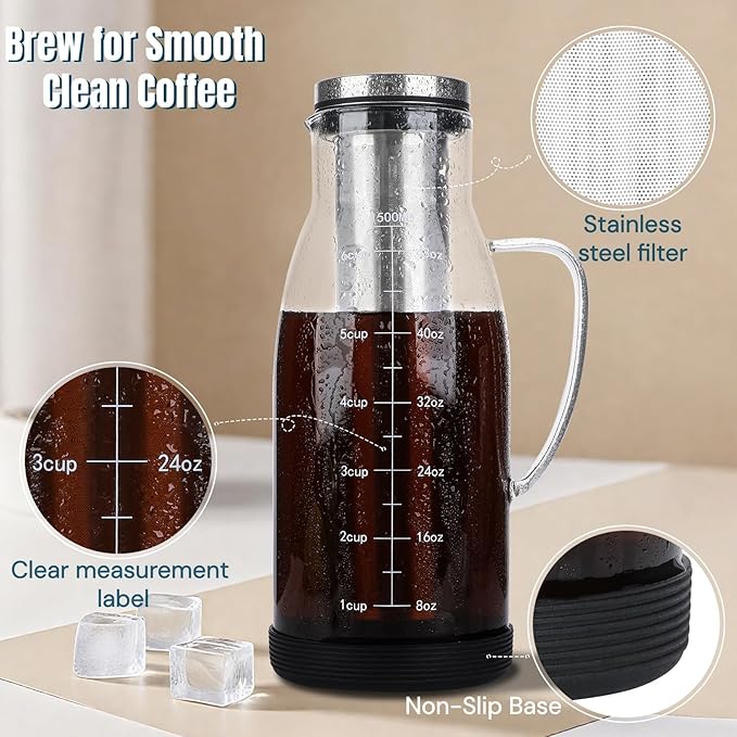 Airtight Cold Brew Coffee Maker Pitcher 51oz, Glass Iced Coffee Maker Pitcher with Removable Stainless Steel Filter and Non-Slip Base, 1.5L Iced Tea Maker