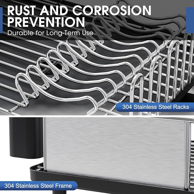 Stainless Steel Dish Drying Rack - Large Capcity 304 Grade Dish Drainer for Kitchen Counter with Drain Board, Utensil Holder & Detachable Cup Shelf, Rustproof Multifunctional Organizer