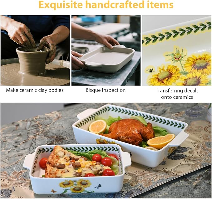 ACMLIFE Ceramic Casserole Dish for Oven, Floral Baking Dishes for Oven Lasagna Pan, Large Baking Dish with Handles, Durable and Oven Safe Pan, for Roasting and Baking, Gift Packaging 2 Pcs Set(13"x8"+10.3"x6.3") (Sunflower)