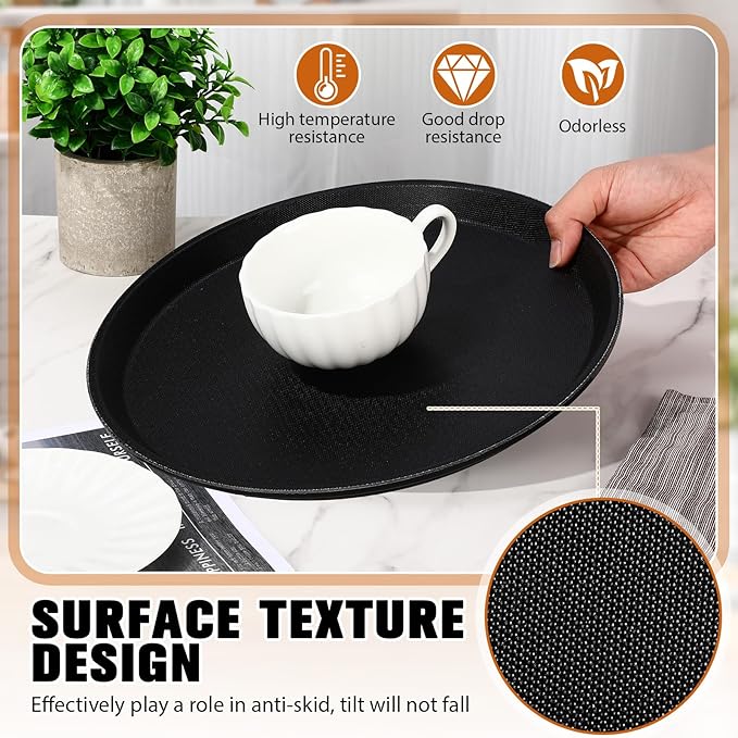 Zopeal 6 Pieces Black Round Restaurant Serving Tray, Plastic Non Slip Surface Food Meals Server Tray with Raised Edges for Home, Kitchen, Restaurant, Cafeteria, Bar (14")