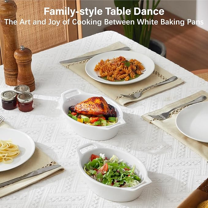 ONEMORE Oval Au Gratin Baking Dish, 20 oz Small Casserole Dishes with Handles 6x8" Ceramic Baking Pan for 1-2 People, Oven Safe for Lasagna, Pies, Individual Servings & Side Dishes, Set of 4, White