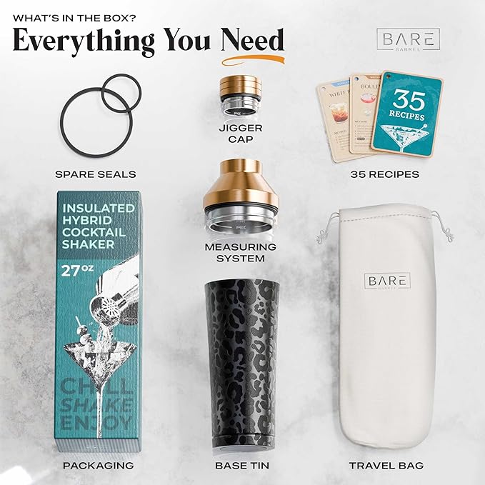 Insulated Cocktail Shaker Set | Double Wall Stainless Steel | Martini Shaker for Home Bar Bartending | Built-in Drink Measurement System & Strainer, Travel Bag, 35 Recipes | Gift Set (Leopard Copper)