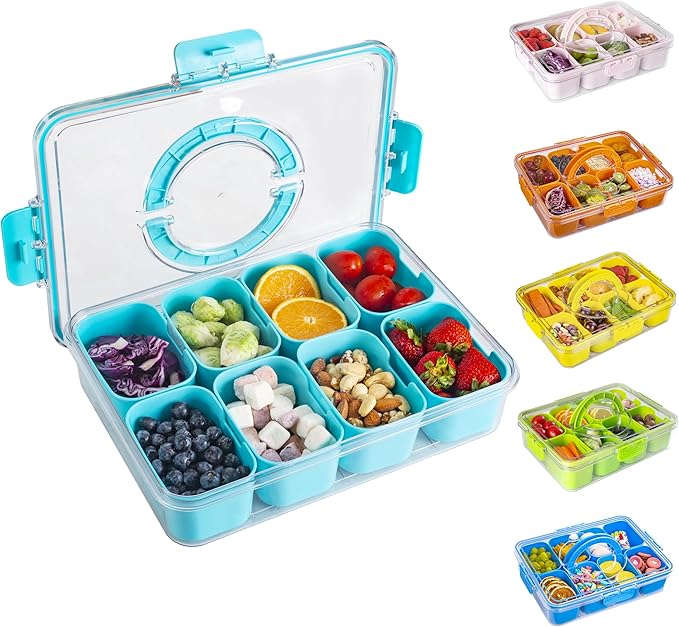 Divided Snack Serving Tray with Lid and Handle Travel Snackle Charcuterie Container Portable Storage Organizer for Candy, Fruits, Nuts, Snacks, Party, Picnic (1pack, Lake blue)