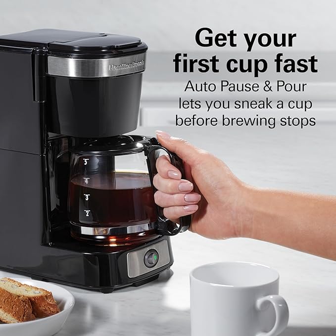 Hamilton Beach 5 Cup Drip Coffee Maker with Easy FrontFill Basket, Compact Design, Works with Smart Plugs, Glass Carafe, Auto Pause and Pour, Black & Stainless Steel (46112)