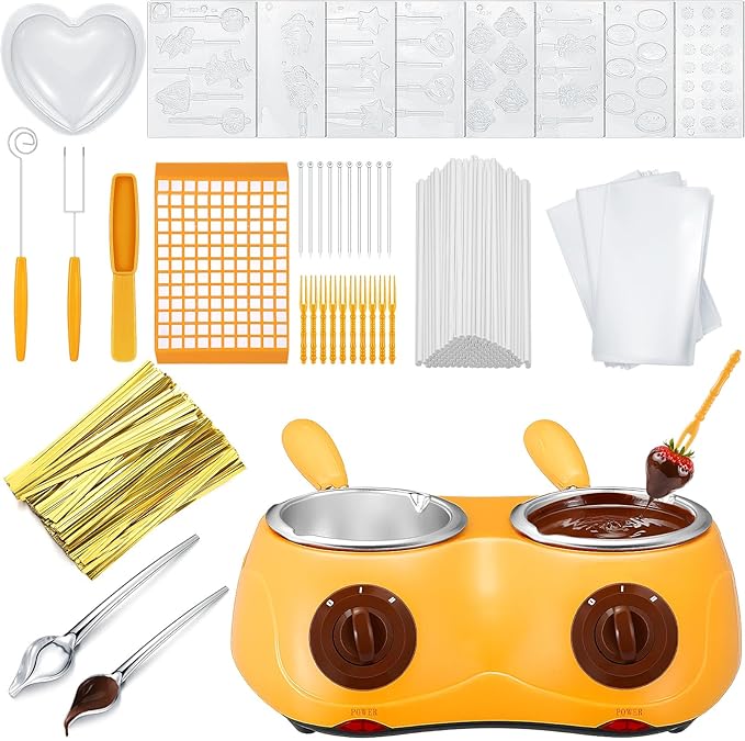 Umigy Electric Melting Chocolate Pot Gift Set Mini Fondue Fountain Pot Kit Double Furnace Melting with DIY Mold and Accessories for Candy Chocolate Milk Cheese Candy (Yellow)