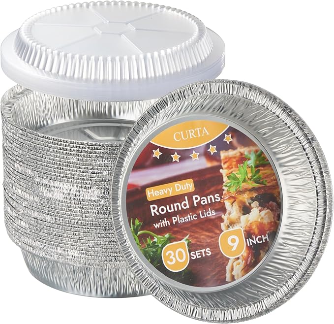 CURTA 9" Round Aluminum Foil Pans with Clear Lids | Heavy Duty | Great for Broiling, Baking, Storage, Roasting, Takeout, Air Fryer | 30 Pack