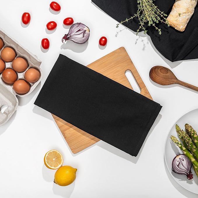 Organic Cotton Black Tea Towels - 100% Cotton, 10-Pack, Reusable and Washable Black Flour Sack Towels for Kitchen - Extra Large 27"x27", Durable Black Dish Towels with Hanging Loop (Black)